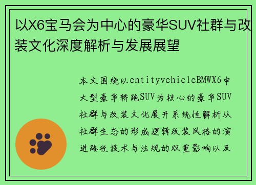 以X6宝马会为中心的豪华SUV社群与改装文化深度解析与发展展望